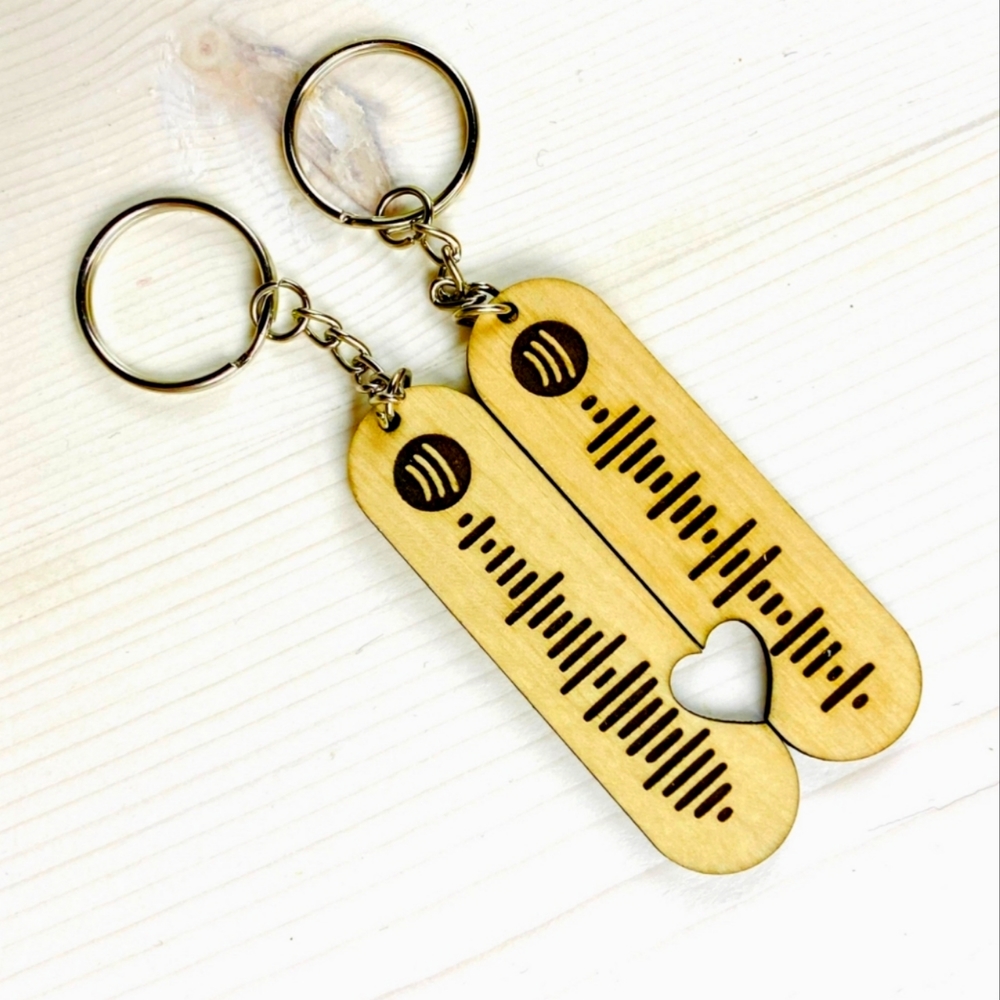 A set of two custom songs codes from Spotify keychains.